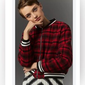 Maeve by Anthropologie Red Plaid Varsity Bomber Jacket